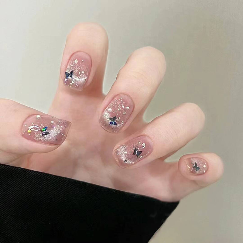 10-piece set of handmade nail decals, featuring cat eyes and pink butterflies, Ins-style