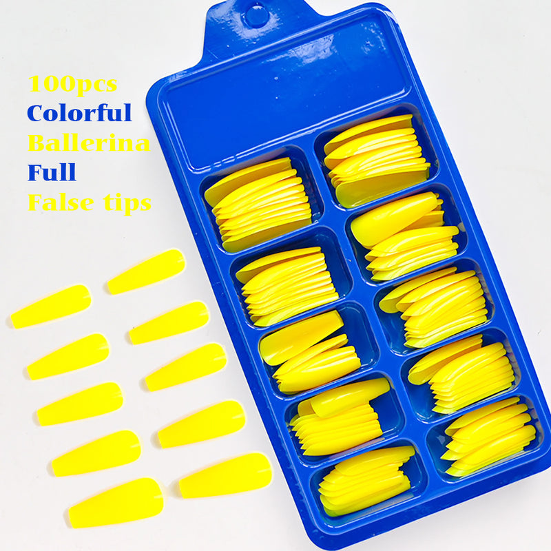 TD65 100Sheets/Box Coffin Painted False Tips Set Candy 14Colors Full Cover Ballerina DIY Salon Manicure Art Press ON Fake Nails TD65