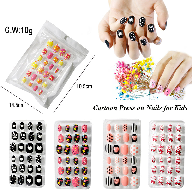 TD60 24Pcs/Set Cartoon Nail Tips Full Cover Nail Stickers Nails Dot Unicorn Rainbow Pattern Fake Cartoon Press on Nails for Kids TD60