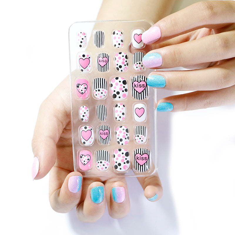 TD60 24Pcs/Set Cartoon Nail Tips Full Cover Nail Stickers Nails Dot Unicorn Rainbow Pattern Fake Cartoon Press on Nails for Kids TD60
