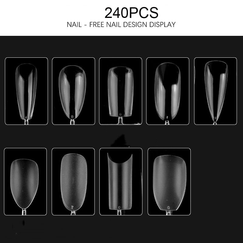 TD13 240-count Clear Full Cover Nail Tips Acrylic UV Manicure Tools T-Ballet-Waterdrop-Oval-Coffin Shape Artificial False Nail Tips