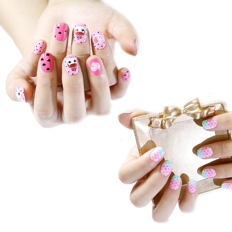 TD60 24Pcs/Set Cartoon Nail Tips Full Cover Nail Stickers Nails Dot Unicorn Rainbow Pattern Fake Cartoon Press on Nails for Kids TD60