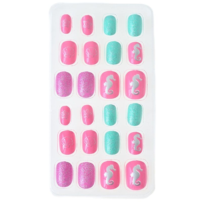 TD60 24Pcs/Set Cartoon Nail Tips Full Cover Nail Stickers Nails Dot Unicorn Rainbow Pattern Fake Cartoon Press on Nails for Kids TD60