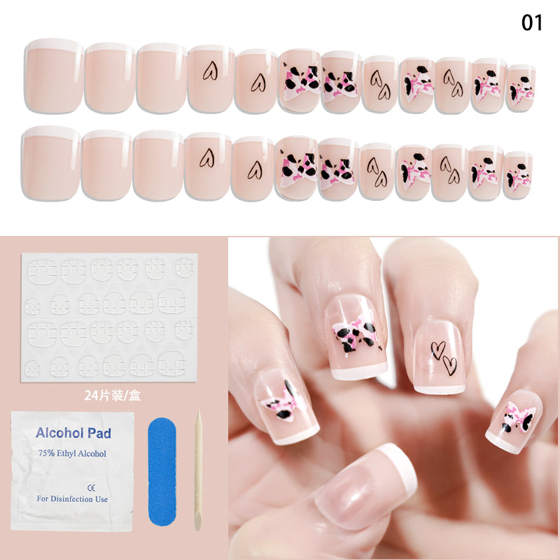 TD62 10styles Asia Almond Floret Fake Nails Kit 24pcs Nude French Blossom Heart Full False Tips Easy Decoration Fake Fingertips FTD+0