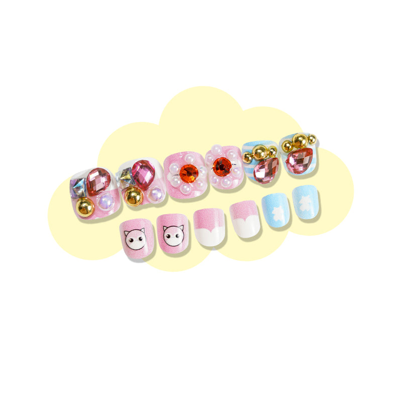 TD98 12pcs/Nail Kit Self Adhesive Children Fake Nails Princess Cat Panda Sticky Nail Tips Little Girl Easy Manicure Art 3D Tips TD198