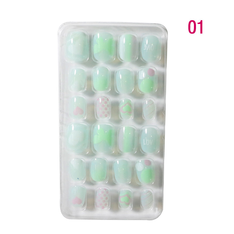 TD60 24Pcs/Set Cartoon Nail Tips Full Cover Nail Stickers Nails Dot Unicorn Rainbow Pattern Fake Cartoon Press on Nails for Kids TD60