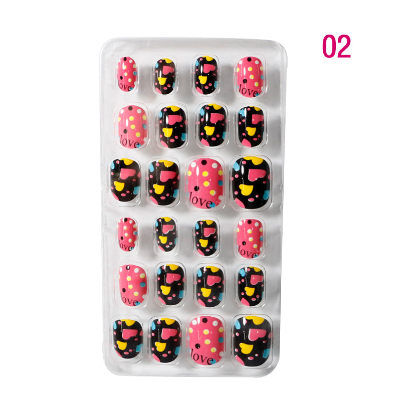 TD60 24Pcs/Set Cartoon Nail Tips Full Cover Nail Stickers Nails Dot Unicorn Rainbow Pattern Fake Cartoon Press on Nails for Kids TD60