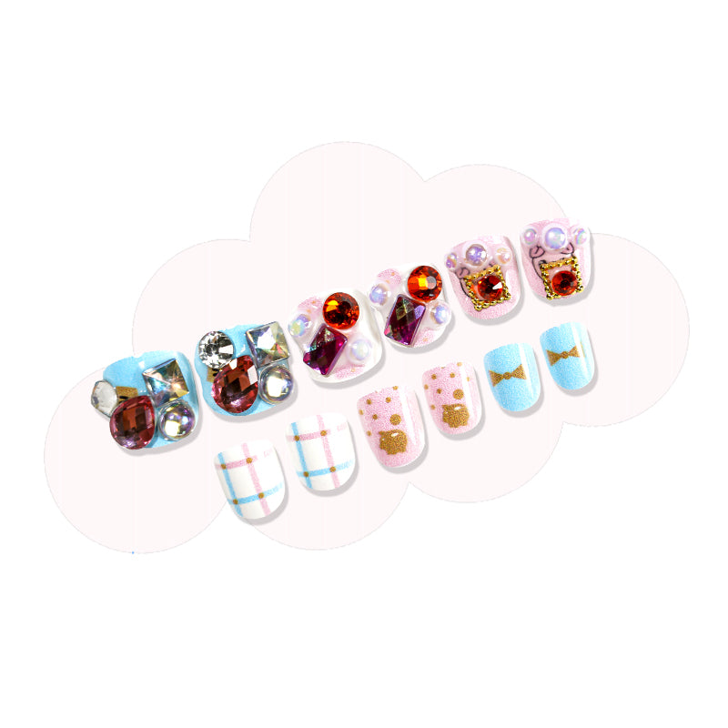 TD98 12pcs/Nail Kit Self Adhesive Children Fake Nails Princess Cat Panda Sticky Nail Tips Little Girl Easy Manicure Art 3D Tips TD198