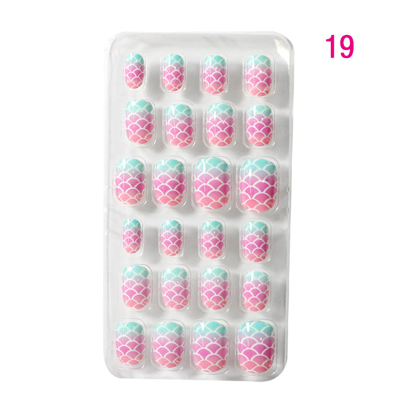 TD60 24Pcs/Set Cartoon Nail Tips Full Cover Nail Stickers Nails Dot Unicorn Rainbow Pattern Fake Cartoon Press on Nails for Kids TD60