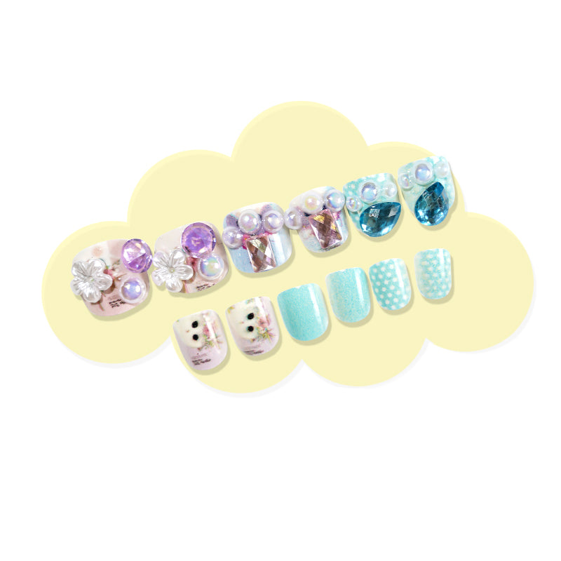 TD98 12pcs/Nail Kit Self Adhesive Children Fake Nails Princess Cat Panda Sticky Nail Tips Little Girl Easy Manicure Art 3D Tips TD198