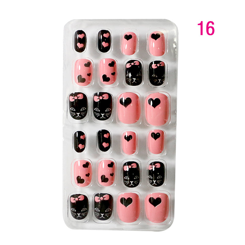 TD60 24Pcs/Set Cartoon Nail Tips Full Cover Nail Stickers Nails Dot Unicorn Rainbow Pattern Fake Cartoon Press on Nails for Kids TD60
