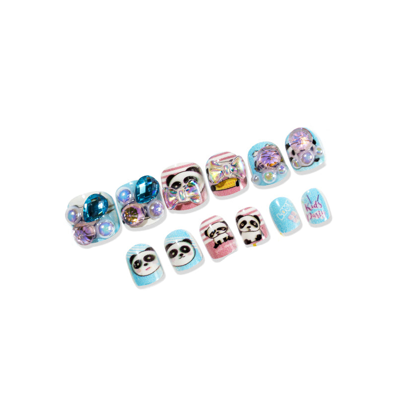 TD98 12pcs/Nail Kit Self Adhesive Children Fake Nails Princess Cat Panda Sticky Nail Tips Little Girl Easy Manicure Art 3D Tips TD198