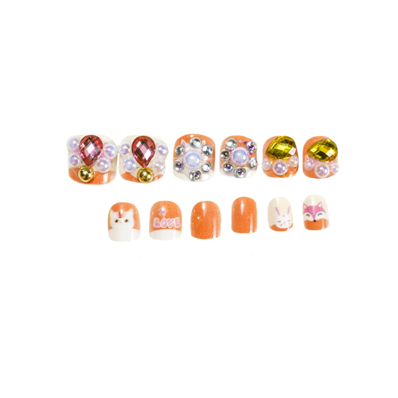 TD98 12pcs/Nail Kit Self Adhesive Children Fake Nails Princess Cat Panda Sticky Nail Tips Little Girl Easy Manicure Art 3D Tips TD198
