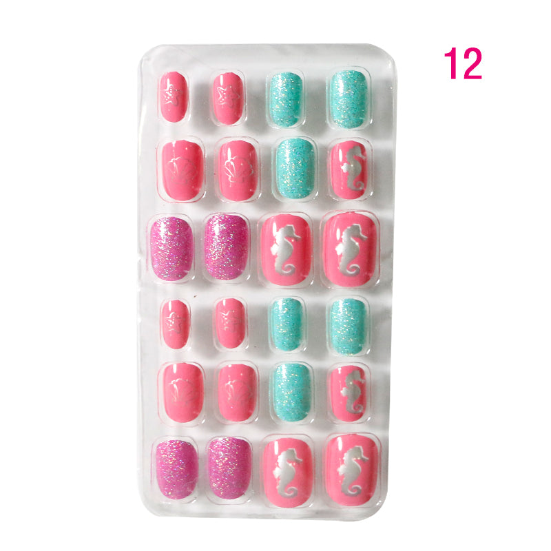 TD60 24Pcs/Set Cartoon Nail Tips Full Cover Nail Stickers Nails Dot Unicorn Rainbow Pattern Fake Cartoon Press on Nails for Kids TD60