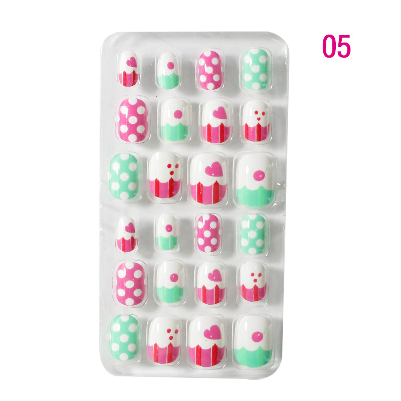 TD60 24Pcs/Set Cartoon Nail Tips Full Cover Nail Stickers Nails Dot Unicorn Rainbow Pattern Fake Cartoon Press on Nails for Kids TD60