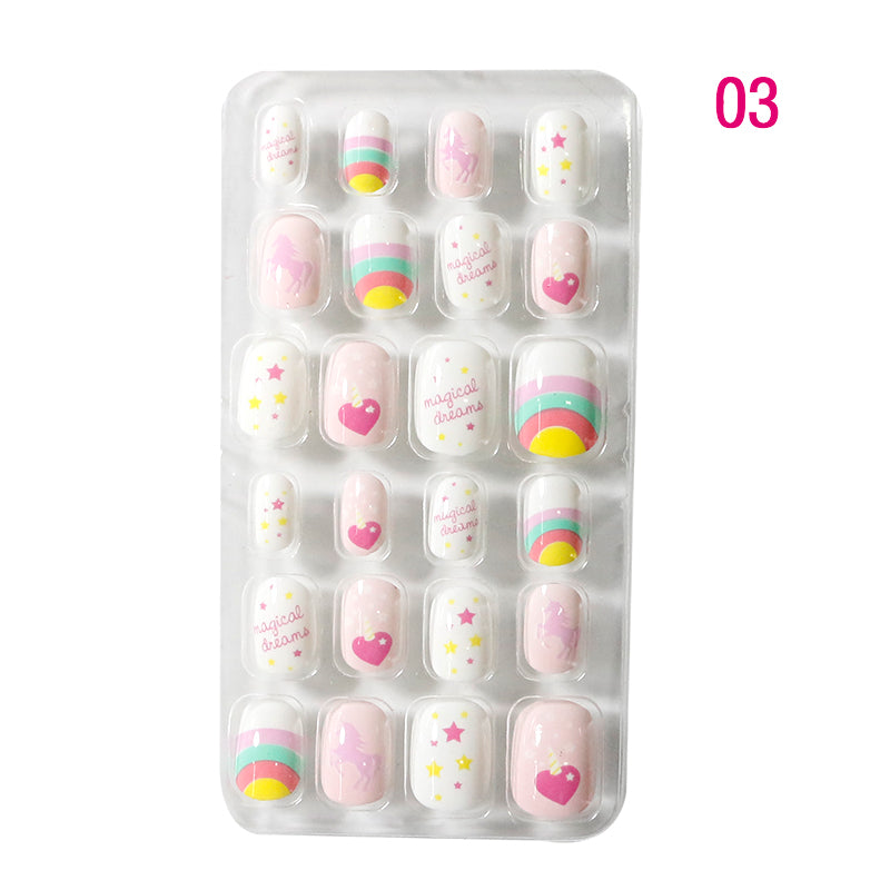 TD60 24Pcs/Set Cartoon Nail Tips Full Cover Nail Stickers Nails Dot Unicorn Rainbow Pattern Fake Cartoon Press on Nails for Kids TD60