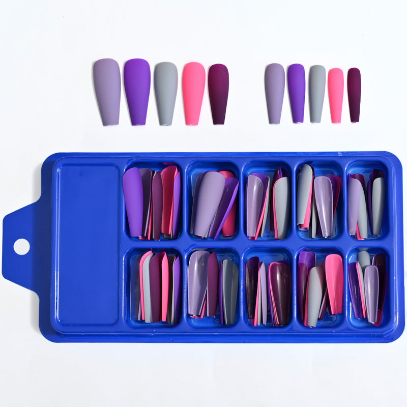 TD99 10*10pcs Matte Press Coffin Nail Patches Nude Dark Mixed Frosted Glossy False Tips Fairy Purple Pink Blue Nail Faux Ongles TD126