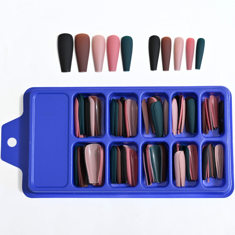 TD99 10*10pcs Matte Press Coffin Nail Patches Nude Dark Mixed Frosted Glossy False Tips Fairy Purple Pink Blue Nail Faux Ongles TD126